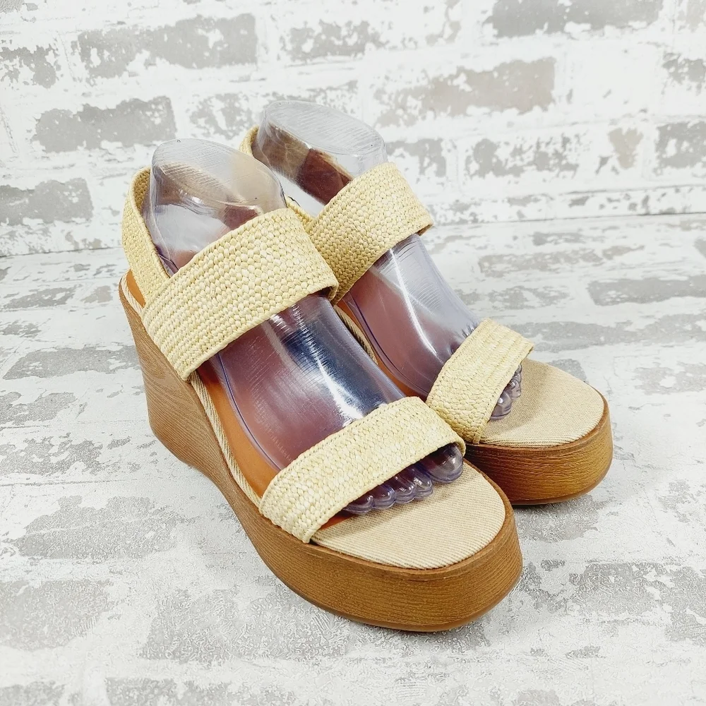 New Lucky Brand Delukah Dark Natural Wedge Heel Slingback Platform Sandals H814 - Picture 4 of 13